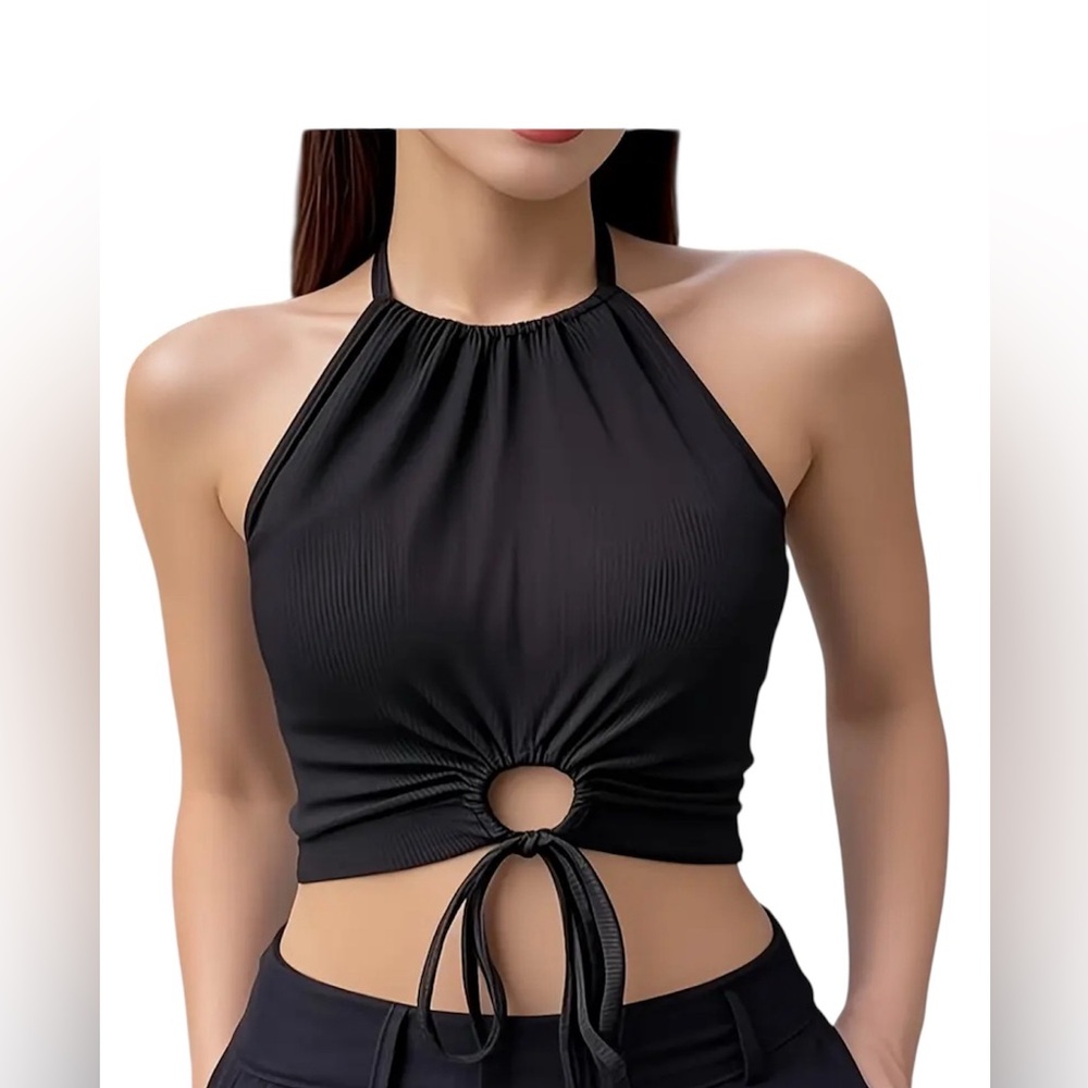 Black Halter Neck Tie-Front Top
